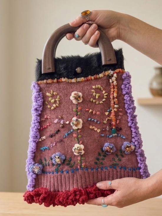 Handmade Handbags - NEW Handmade Artisan Knit Tote Bag Natural Stone Beaded Floral Purse Wood Handle